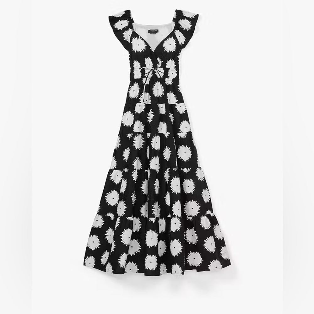 EUC Kate Spade Pom Pom Floral Smocked Black Maxi Dress Size M